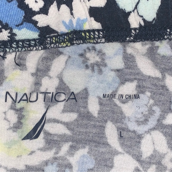 Women’s L NAUTICA Navy Blue Floral Cotton Rayon Knit Pull On Wide Leg Crop Pants - Picture 9 of 10